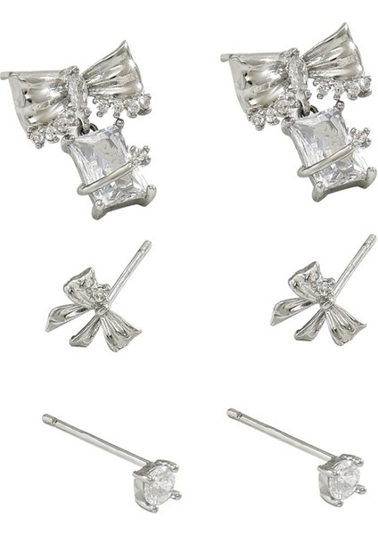 EH4593-7 Gümüş Fiyonk Işlemeli Zirkonya Çok Delikli Küpe - 3 Çift (Yurt Dışından)