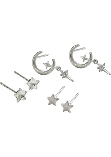 EH4593-4 Çoklu Piercing Için Zirkonyumlu Gümüş Ay Yıldız - 3 Çift (Yurt Dışından)