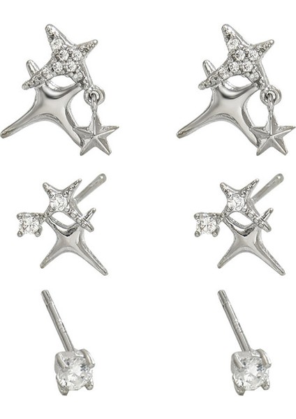 EH4593-17 Gümüş Yıldızlı Zirkonya Çok Delikli Küpe - 3 Çift (Yurt Dışından)