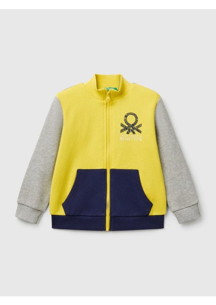 Erkek Çocuk Sarı Mix Benetton Logo Işlemeli Fermuarlı Sweatshirt