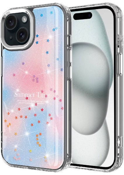 Apple iPhone 15 Plus Kılıf Simli Desenli Parlak Ata Task Kapak-Mavi