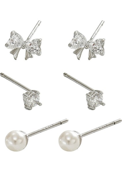 EH4593-19 Gümüş Fiyonklu Zirkonya Çok Delikli Küpe - 3 Çift (Yurt Dışından)