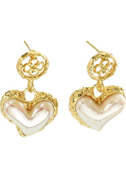 AEH70275 Altın Kalp Şeklinde Yapay Inci Kadın Küpesi (Yurt Dışından)