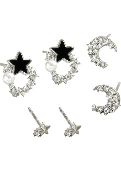 EH4591-3 Gümüş Yıldız Şeklinde Zirkonyum Küpe - 3 Çift (Yurt Dışından)