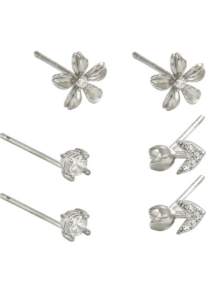 EH4593-5 Çoklu Piercing Için Zirkonyumlu Gümüş Çiçek - 3 Çift (Yurt Dışından)