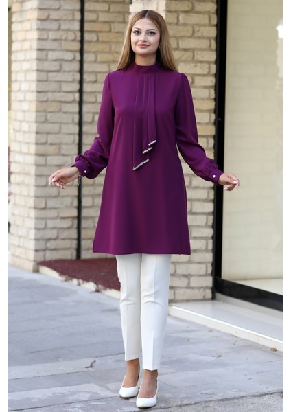 Işıltı Taş Detaylı Büyük Beden Tesettür Tunik