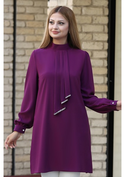 Işıltı Taş Detaylı Büyük Beden Tesettür Tunik modelleri