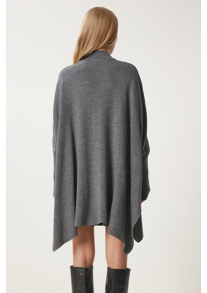 Yandan Yırtmaçlı Oversize Panço Kazak LYY0016 Füme