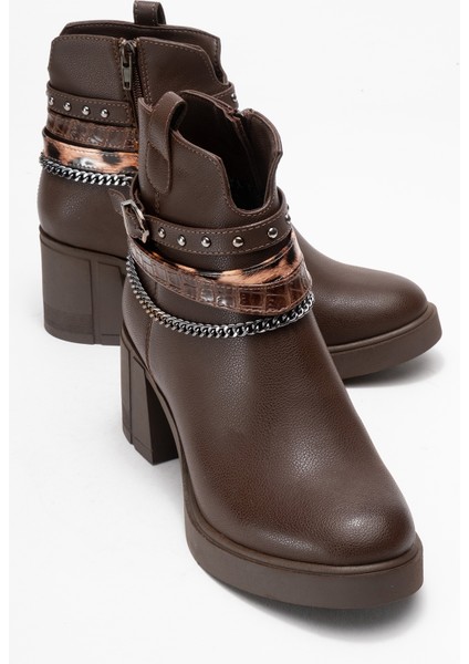 Boliva Kahverengi Kemerli Zincirli Kadın Kalın Topuklu Bot