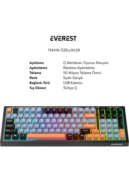 Kb-98 Sessiz Rainbow Q Türkçe Klavye Membrane Oyuncu Klavyesi Gaming Klavye