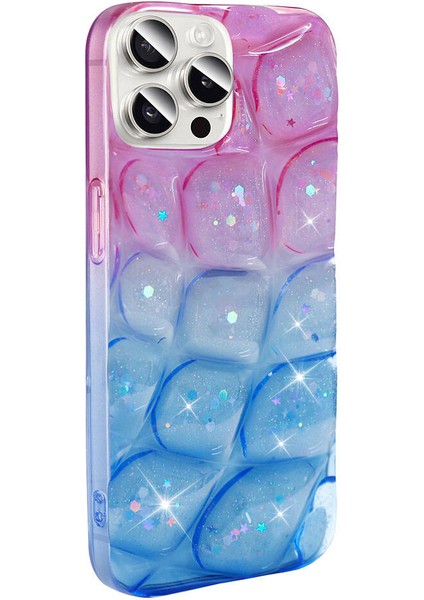 Apple iPhone 14 Pro Max Kılıf Simli 3D Desenli Ata Hacar Kapak-Pembe-Mavi