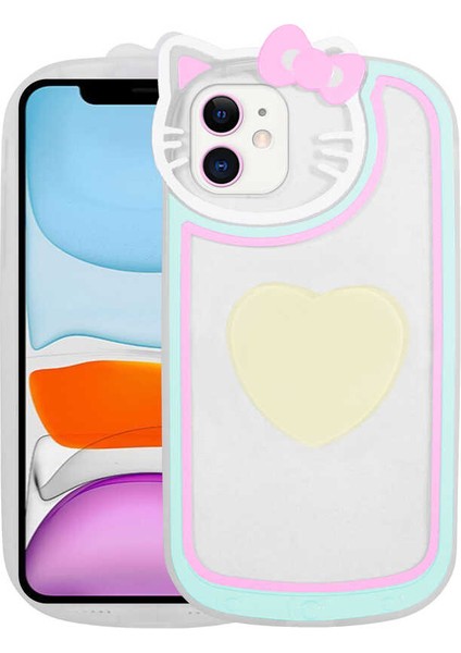 iPhone 12 Uyumlu Kedi Figürlü Transparan Pop Soketli Ata Ritmik Kapak-Beyaz