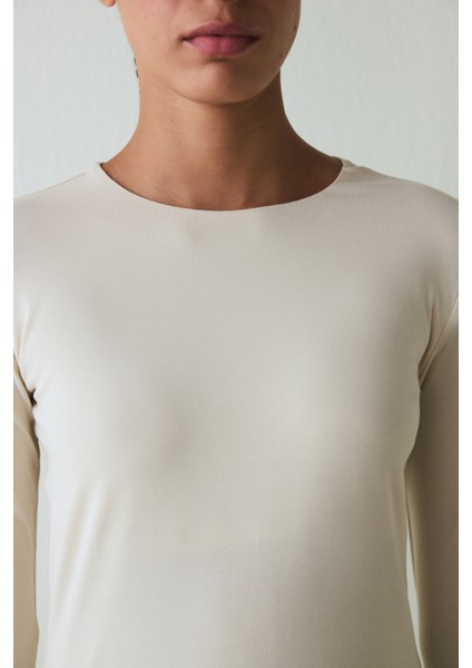 Bej Bisiklet Yaka Slim Fit Uzun Kollu Üst modelleri