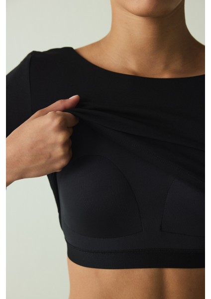 CUPsecret Kendinden Pedli Siyah Bisiklet Yaka Uzun Kollu Slim Fit Üst