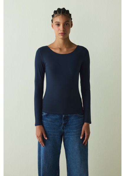 CUPsecret Kendinden Pedli Lacivert Bisiklet Yaka Uzun Kollu Slim Fit Üst