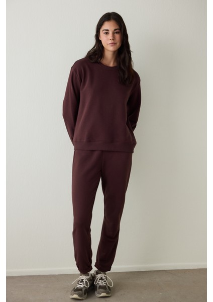 Kahverengi Bisiklet Yaka Oversize Spor Sweatshirt