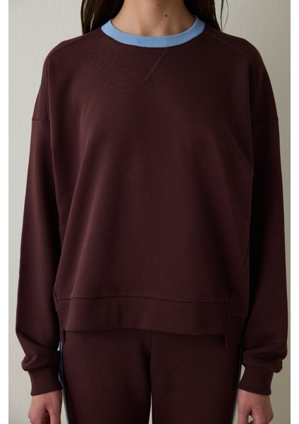 Kahverengi Çiçek Desenli Yakalı Oversize Sweatshirt - Inspired By Flora modelleri