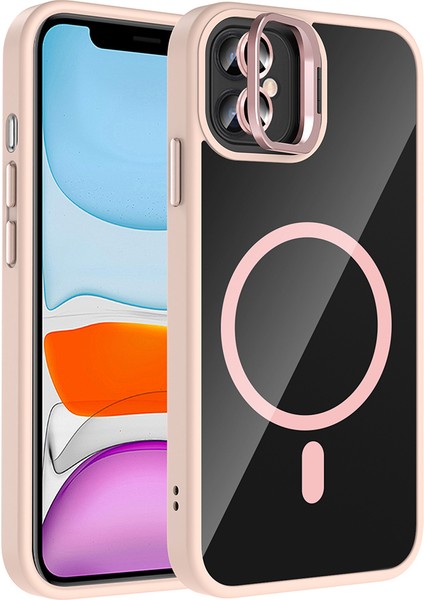 iPhone 11 Kılıf Standlı ve Kamera Lens Hediyeli M-Safe Şarj Özellikli Ata Etro Kapak - Pembe