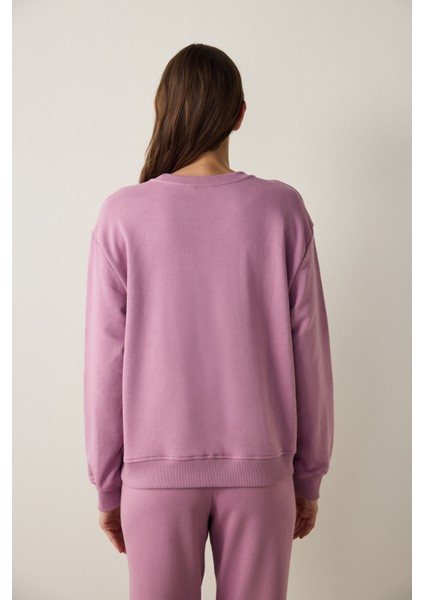 Lila Bisiklet Yaka Oversize Spor Sweatshirt