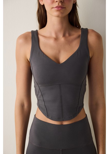 Antrasit Modal V Yaka Çıkarılabilir Kaplı Sporcu Crop Üst