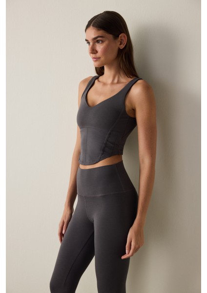 Antrasit Modal V Yaka Çıkarılabilir Kaplı Sporcu Crop Üst