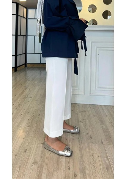 Önden Dikişli Scuba Pantolon Beyaz