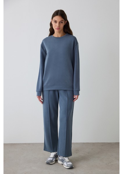 Koyu Gri Bisiklet Yaka Oversize Kısa Modal Sweatshirt