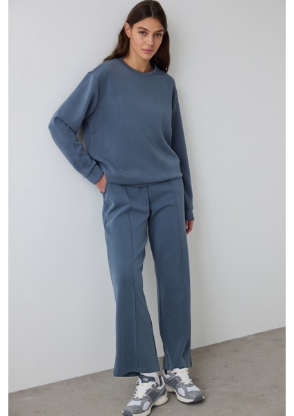 Koyu Gri Bisiklet Yaka Oversize Kısa Modal Sweatshirt