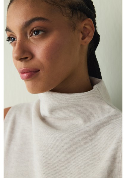 Bej Melanj Bisiklet Yaka Oversize Kolsuz Üst modelleri