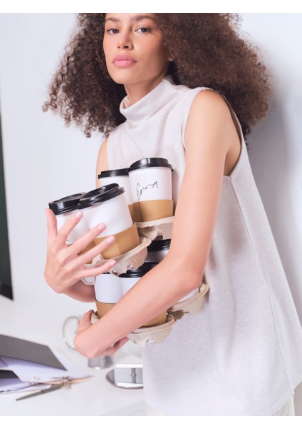 Bej Melanj Bisiklet Yaka Oversize Kolsuz Üst