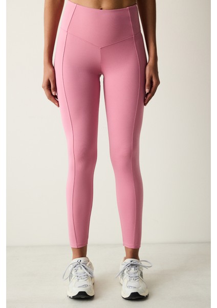 Pembe Yüksek Bel Stitch Waist Dikiş Detaylı Bilek Boy Tayt