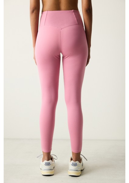 Pembe Yüksek Bel Stitch Waist Dikiş Detaylı Bilek Boy Tayt