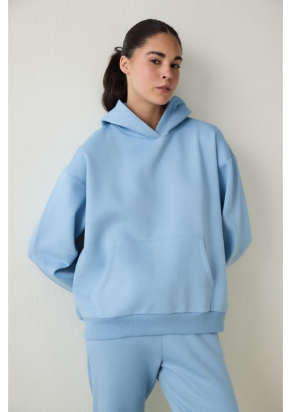Mavi Oversize Kapüşonlu Aktif Sweatshirt