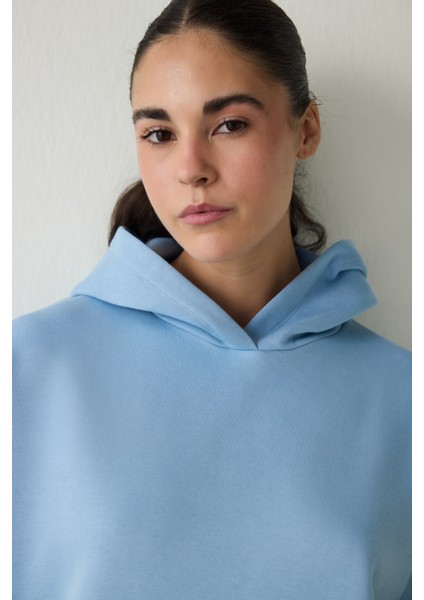 Mavi Oversize Kapüşonlu Aktif Sweatshirt