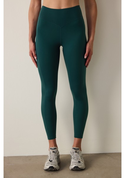 Koyu Yeşil Merrow Dikişli Yüksek Bel Slim Fit Tayt