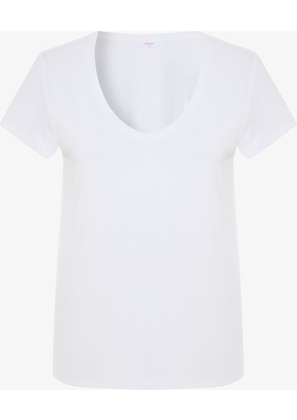 Beyaz V Yaka Kısa Kollu Tişört indirimleri