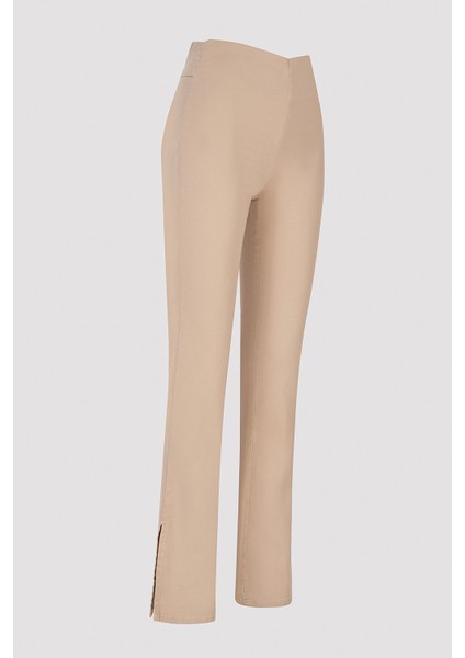 Bej Yüksek Bel Jean Görünümlü Flare İspanyol Paça Pantolon