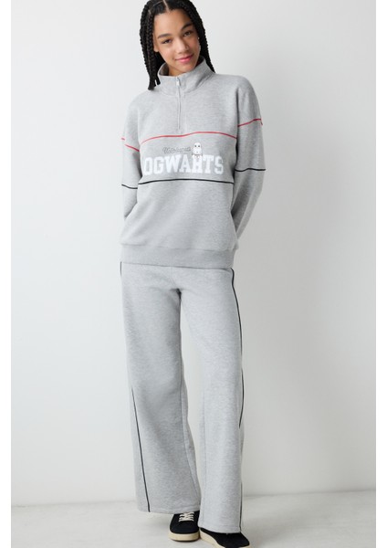 Gri Melanj Yarım Fermuarlı Harry Potter Baskılı Sweatshirt