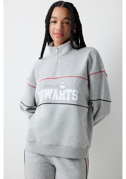Gri Melanj Yarım Fermuarlı Harry Potter Baskılı Sweatshirt