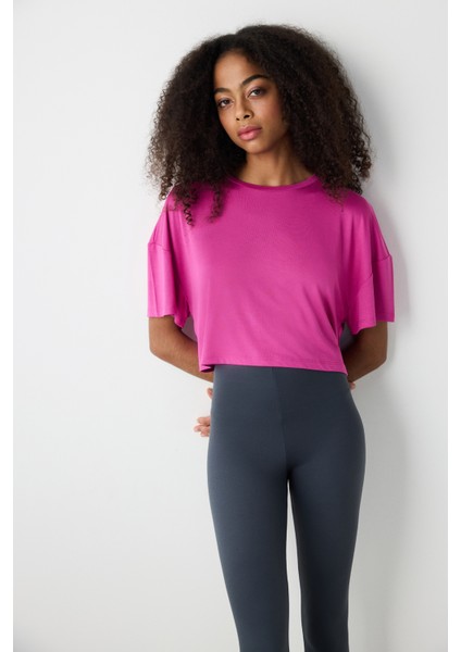 Modal Crop Fuşya Tişört