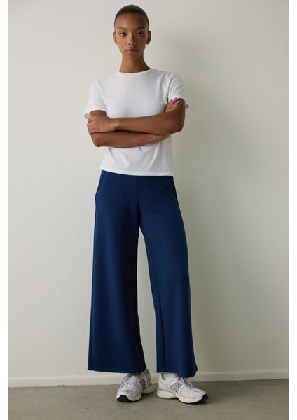 Lacivert Yüksek Bel Beli Lastikli Bol Paça Pantolon
