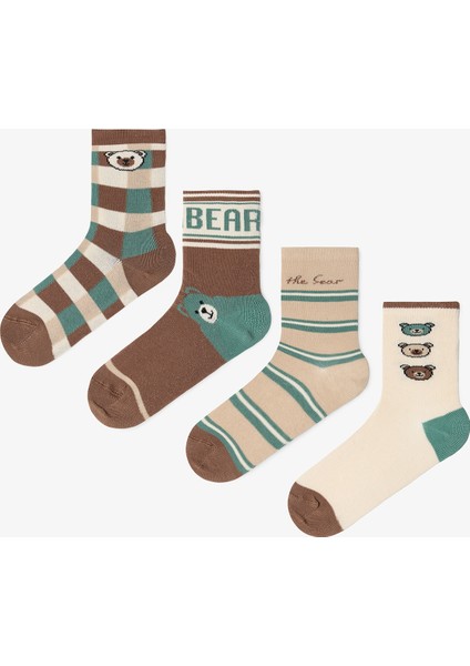 Çok Renkli Erkek Çocuk Preppy Bear Ayı Desenli 4'lü Soket Çorap