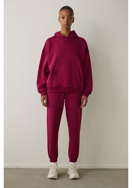 Mor Kapüşonlu Oversize Sweatshirt