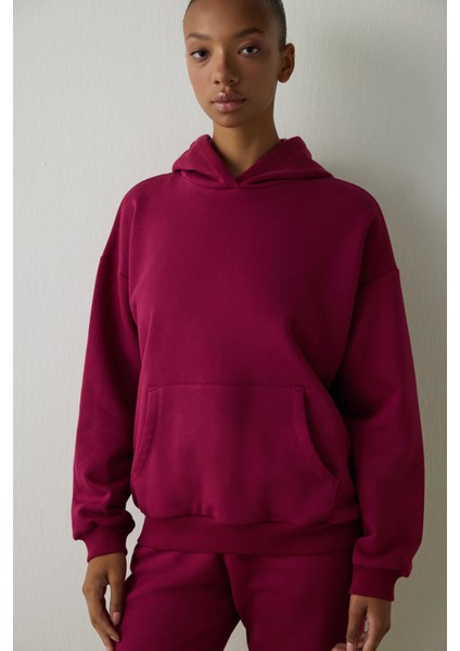 Mor Kapüşonlu Oversize Sweatshirt