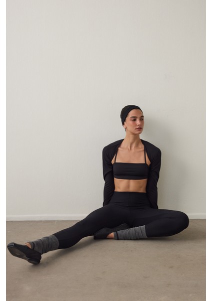 Siyah Yüksek Bel Toparlayıcı Cut Out Detaylı Fitilli Tayt