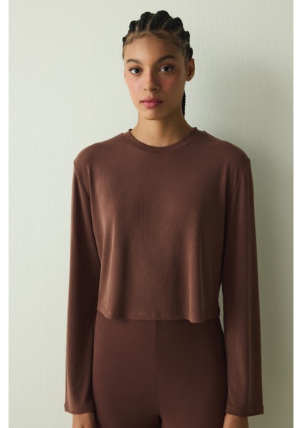 Cappuccino Fitilli Modal Bol Kesim Bisiklet Yaka Crop Üst