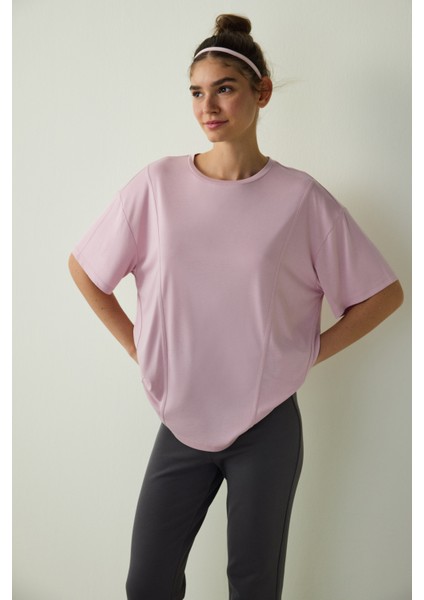 Lila Bisiklet Yaka Dikiş Detaylı Modal Oversize Tişört
