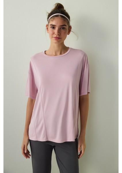 Lila Bisiklet Yaka Dikiş Detaylı Modal Oversize Tişört