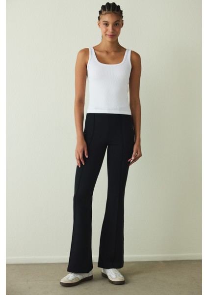 Siyah Yüksek Bel Modal Ispanyol Paça Pantolon