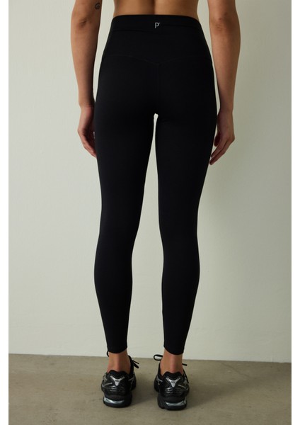 Siyah Yüksek Bel Pamuk Modal Karışımlı Slim Fit Spor Tayt